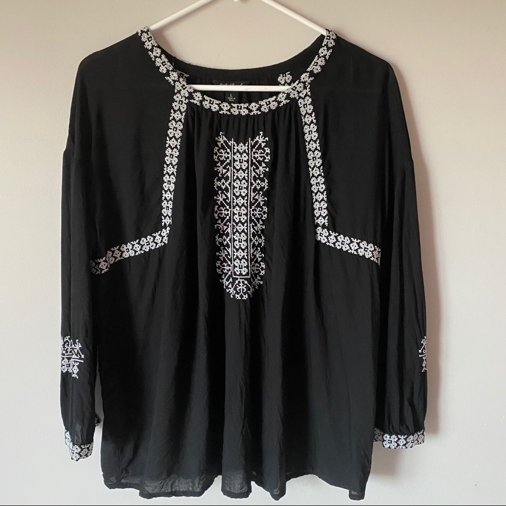 Lucky Brand Boho Sheer Black Embroirdered Blouse